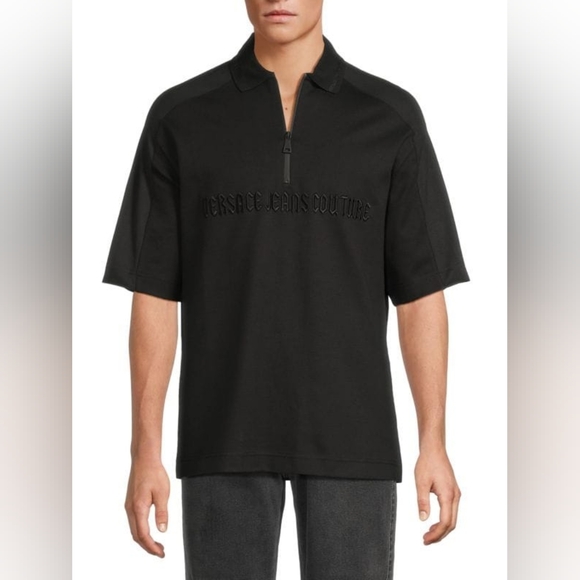 Versace Jeans Couture Logo Elbow Sleeve Quarter Zip Pullover T-shirt Black/Black